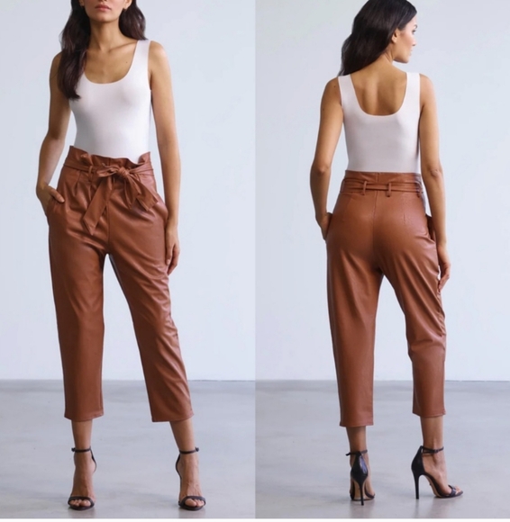 Commando Cocoa Brown Stretch Faux Leather Paperbag‎ Tie High Waist Cropped Pants - Picture 1 of 11